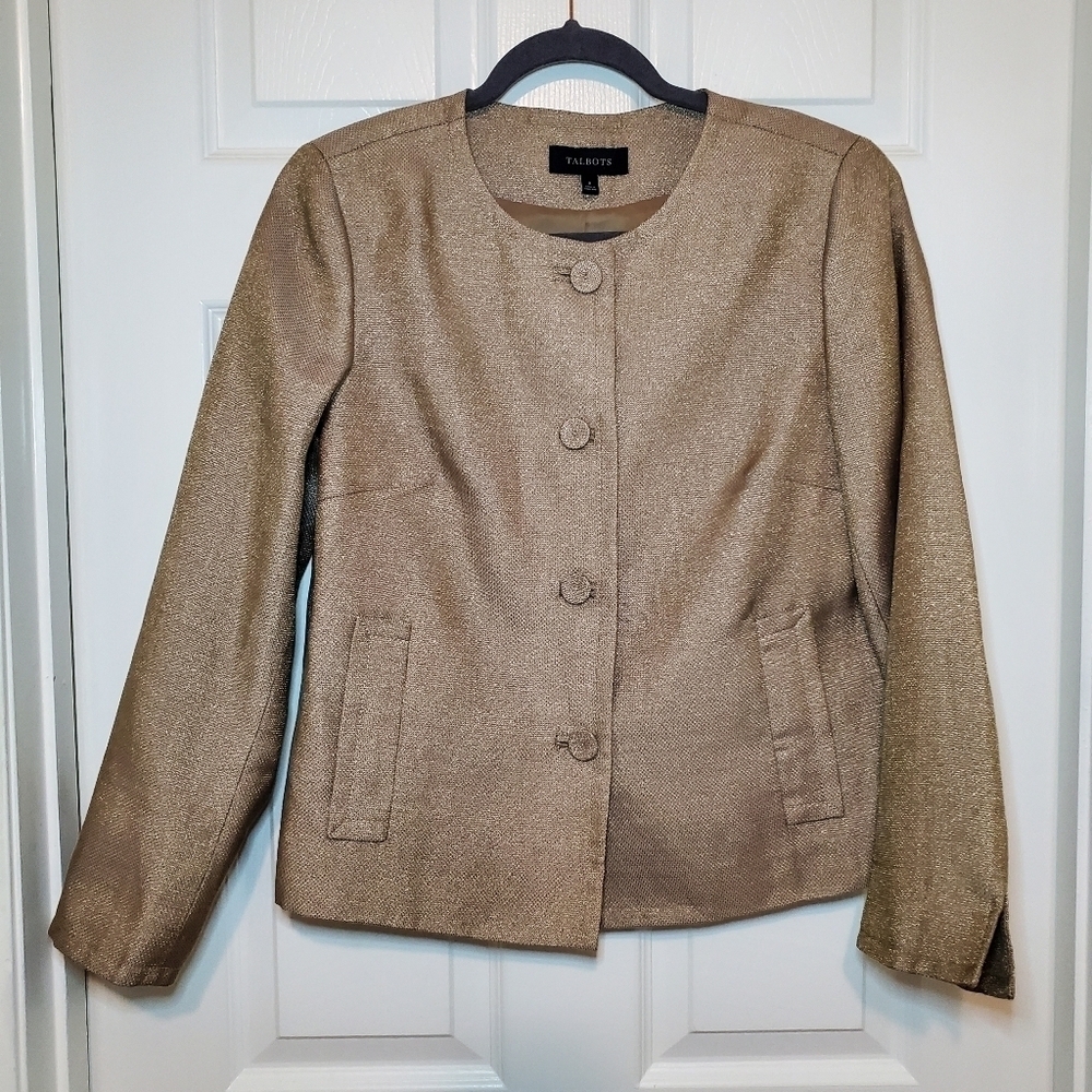 Talbots Blazer Women’s Metallic Gold Threads 4 Button Front Skirt Set 2 Piece 8